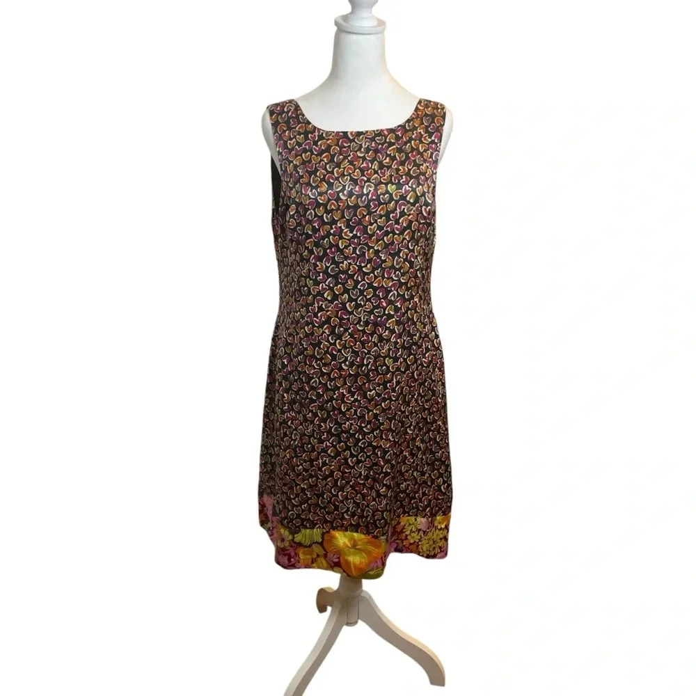 DEMA 100% Silk Hearts Floral Mixed Print Sleeveless Dress Large Party Valentines